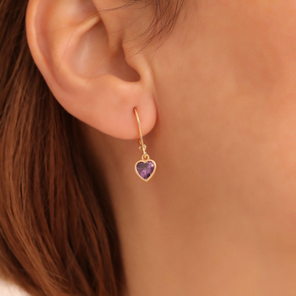 Amethyst Heart Cut Bezel Dangle Earrings 14K Solid Gold, February Birthstone Jewelry
