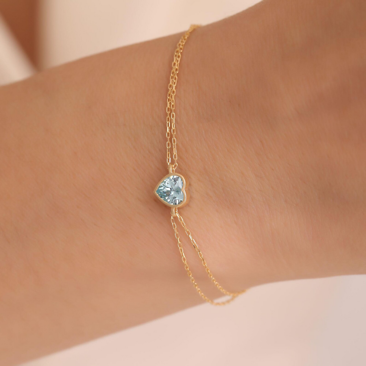Heart Aquamarine Bezel Bracelet in 10K/14K Solid Gold | March Jewelry