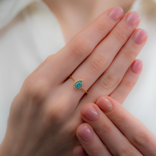 Aquamarine Bezel Drop Ring with Real Diamonds in 8K/10K/14K Solid Gold | March Birthstone Jewelry