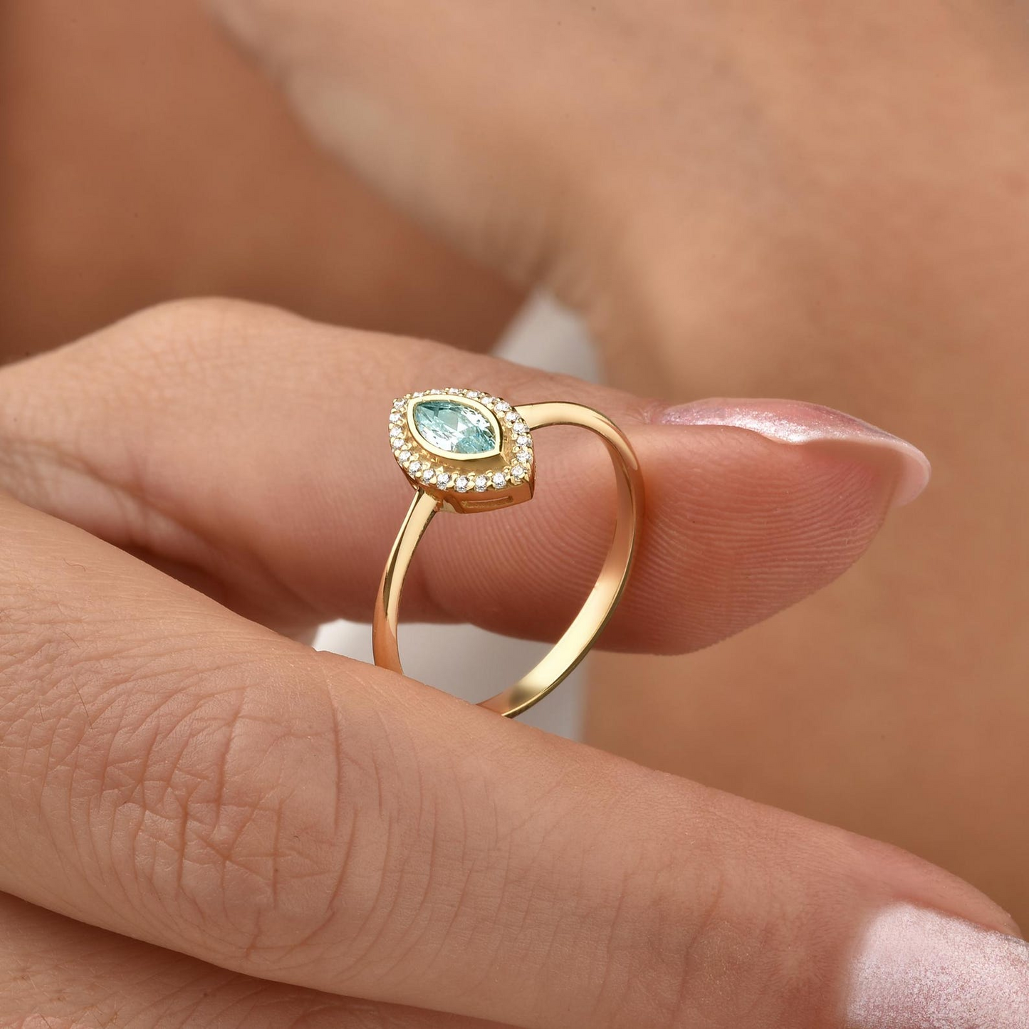 Aquamarine Bezel Marquise Ring with Real Diamonds in 8K/10K/14K Solid Gold | March Birthstone Jewelry