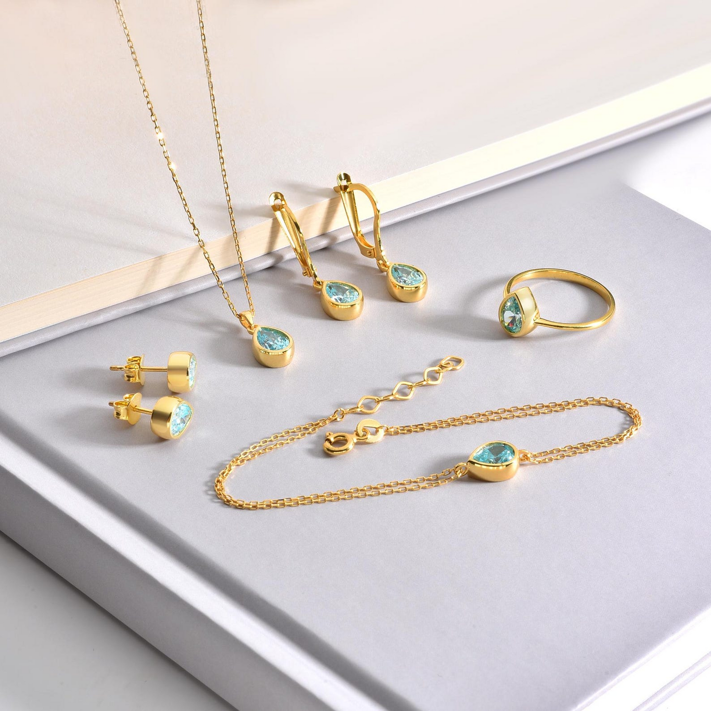 Aquamarine Drop Bezel Ring 8K/10K/14K Solid Gold, March Birthstone Jewelry