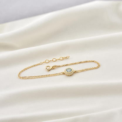 Aquamarine Round Bezel Bracelet in 8K/10K/14K Solid Gold with Real Diamonds, March Birthstone Jewelry