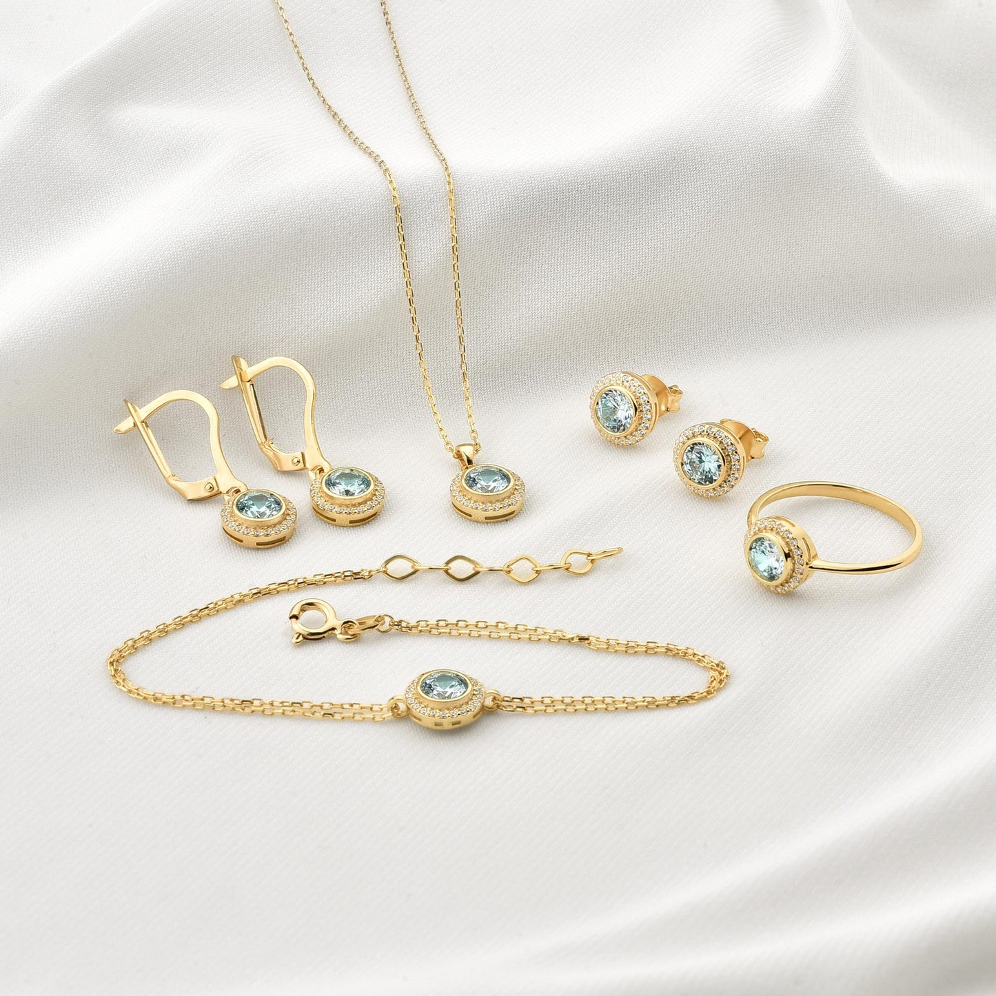 Aquamarine Round Bezel Necklace in 8K/10K/14K Solid Gold with Real Diamonds, March Birthstone Jewelry
