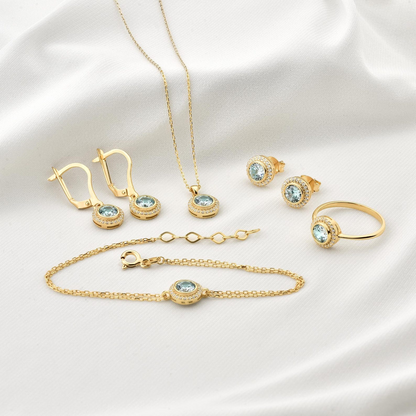 Aquamarine Round Bezel Necklace in 8K/10K/14K Solid Gold with Real Diamonds, March Birthstone Jewelry