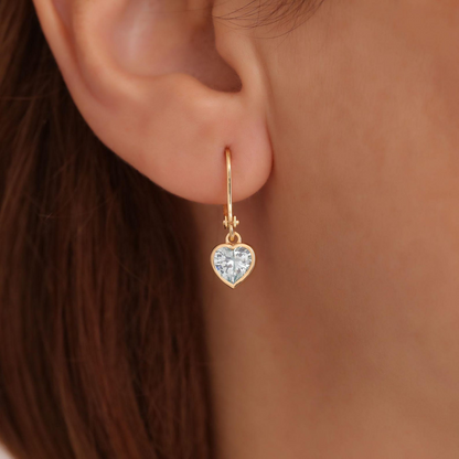 Aquamarine Heart Cut Bezel Dangle Earrings 14K Solid Gold, March Birthstone Jewelry