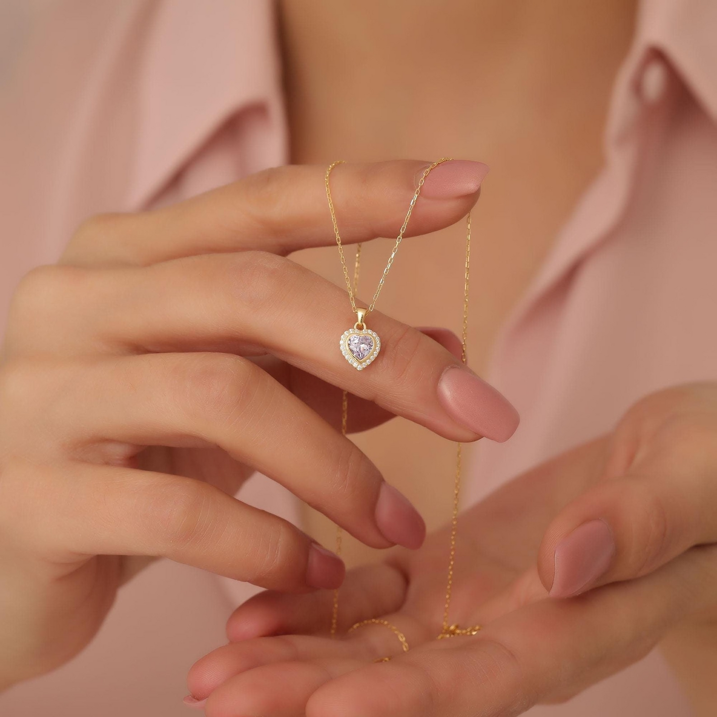 Alexandrite Bezel Heart Necklace with Real Diamonds in 8K/10K/14K Solid Gold | June Birthstone Jewelry