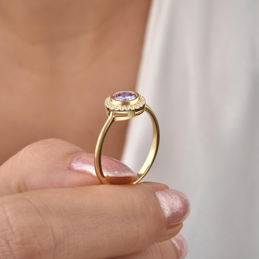 Alexandrite Round Bezel Ring in 8K/10K/14K Solid Gold with Real Diamonds, June Birthstone Jewelry