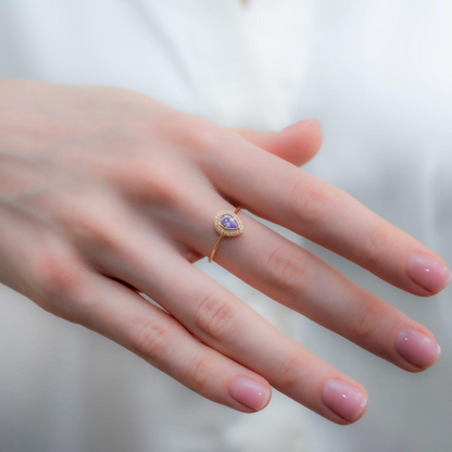 Alexandrite Bezel Drop Ring with Real Diamonds in 8K/10K/14K Solid Gold | June Birthstone Jewelry