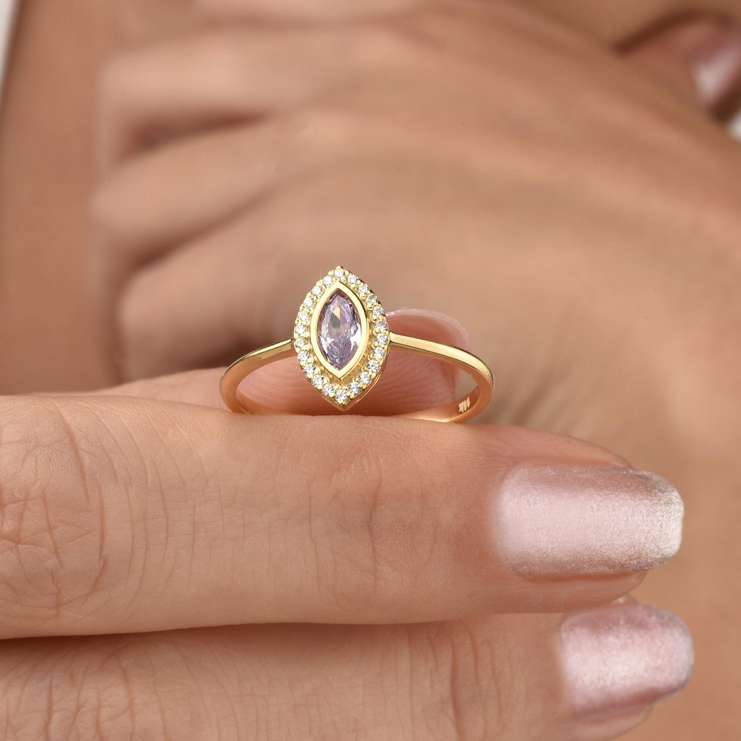 Alexandrite Bezel Marquise Ring with Real Diamonds in 8K/10K/14K Solid Gold | June Birthstone Jewelry