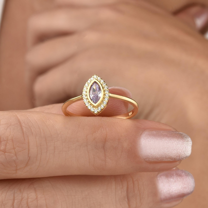 Alexandrite Bezel Marquise Ring with Real Diamonds in 8K/10K/14K Solid Gold | June Birthstone Jewelry