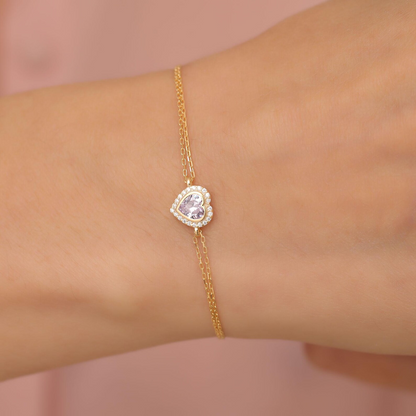Alexandrite Bezel Heart Bracelet with Real Diamonds in 8K/10K/14K Solid Gold | June Birthstone Jewelry
