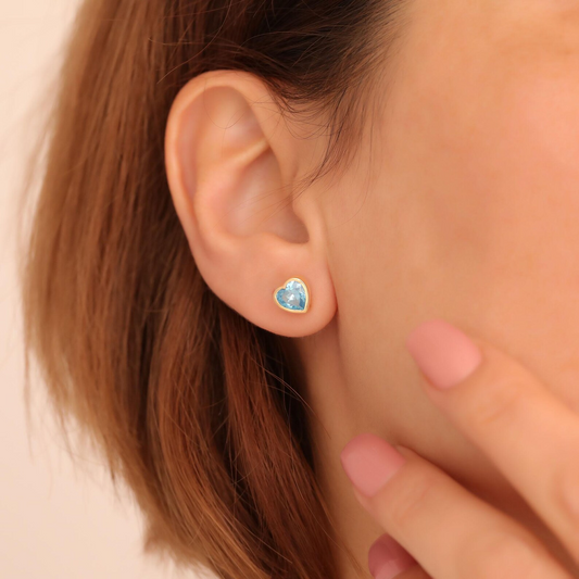 Blue Topaz Heart Bezel Cut Stud Earrings 10K/14K Solid Gold, December Birthstone Jewelry