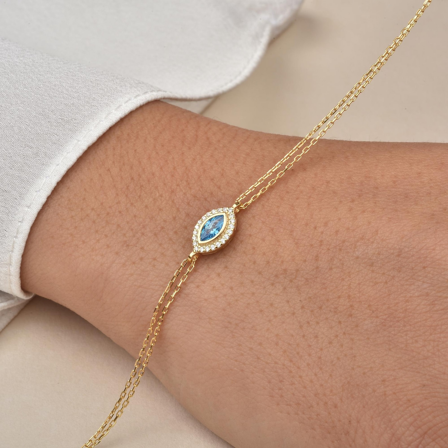 Blue Topaz Bezel Marquise Bracelet with Real Diamonds in 8K/10K/14K Solid Gold | December Birthstone Jewelry