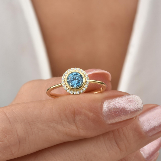 Blue Topaz Round Bezel Ring in 8K/10K/14K Solid Gold with Real Diamonds, December Birthstone Jewelry