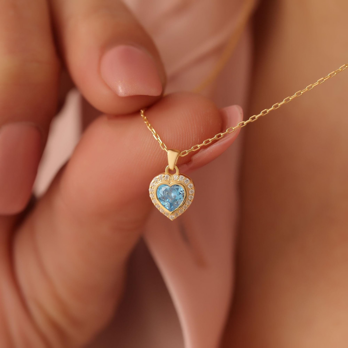 Blue Topaz Bezel Heart Necklace with Real Diamonds in 8K/10K/14K Solid Gold | December Birthstone Jewelry