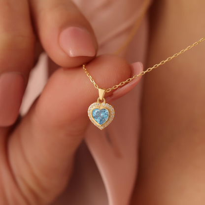 Blue Topaz Bezel Heart Necklace with Real Diamonds in 8K/10K/14K Solid Gold | December Birthstone Jewelry
