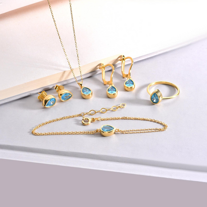 Blue Topaz Bezel Drop Necklace 10/14K Solid Gold, December Birthstone Jewelry
