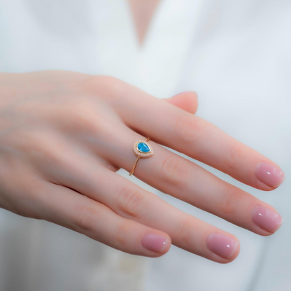 Blue Topaz Bezel Drop Ring with Real Diamonds in 8K/10K/14K Solid Gold | December Birthstone Jewelry