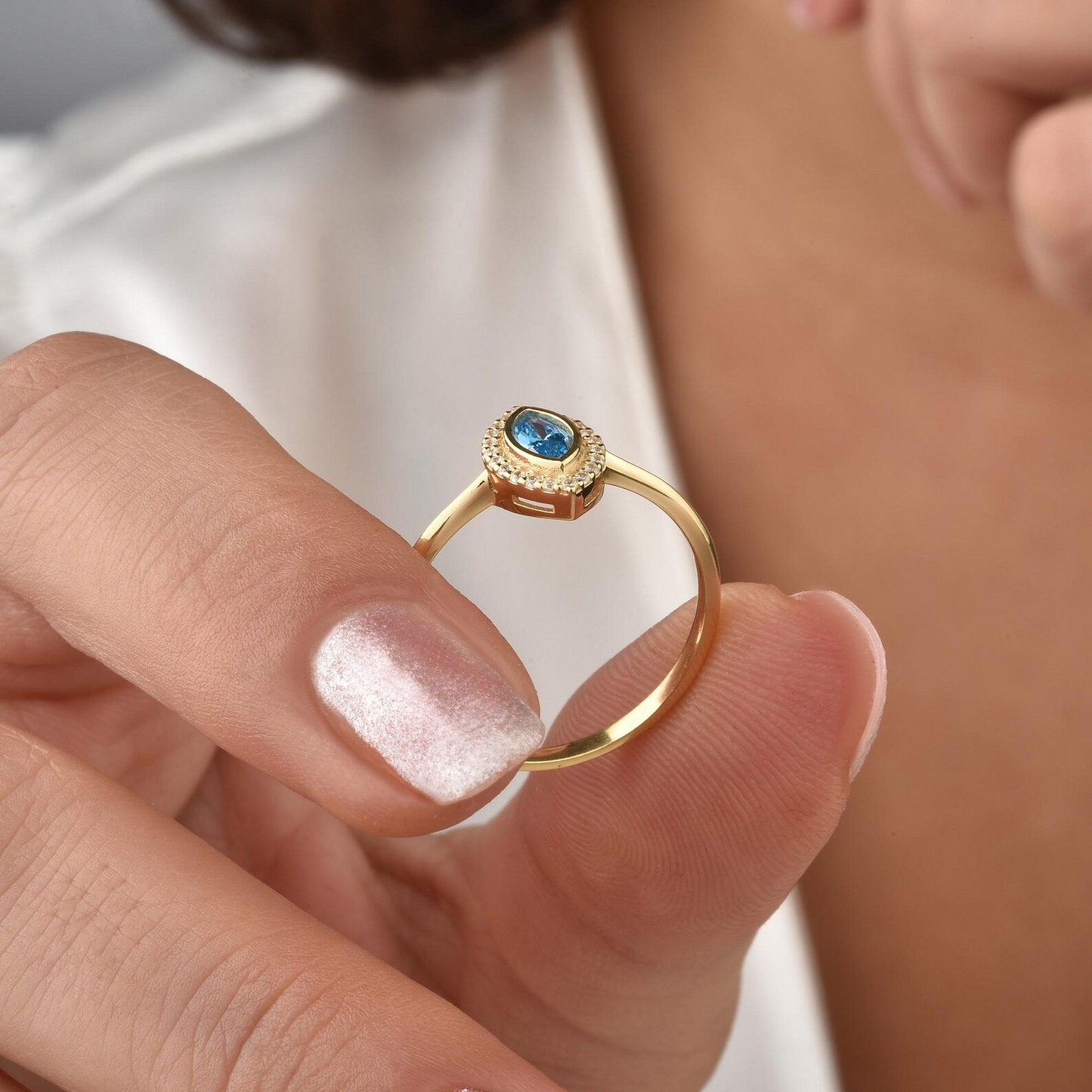 Blue Topaz Bezel Marquise Ring with Real Diamonds in 8K/10K/14K Solid Gold | December Birthstone Jewelry