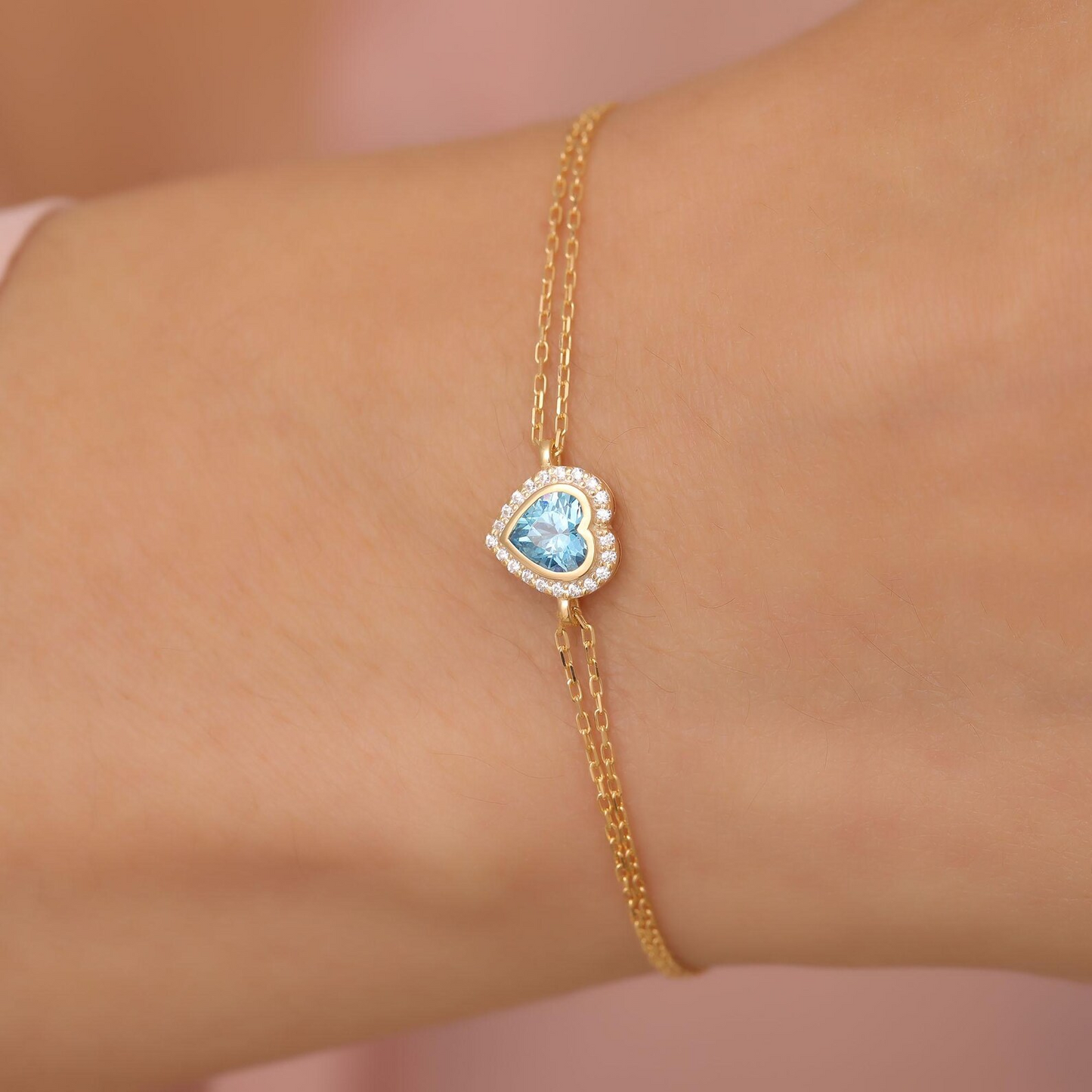Blue Topaz Bezel Heart Bracelet with Real Diamonds in 8K/10K/14K Solid Gold | December Birthstone Jewelry