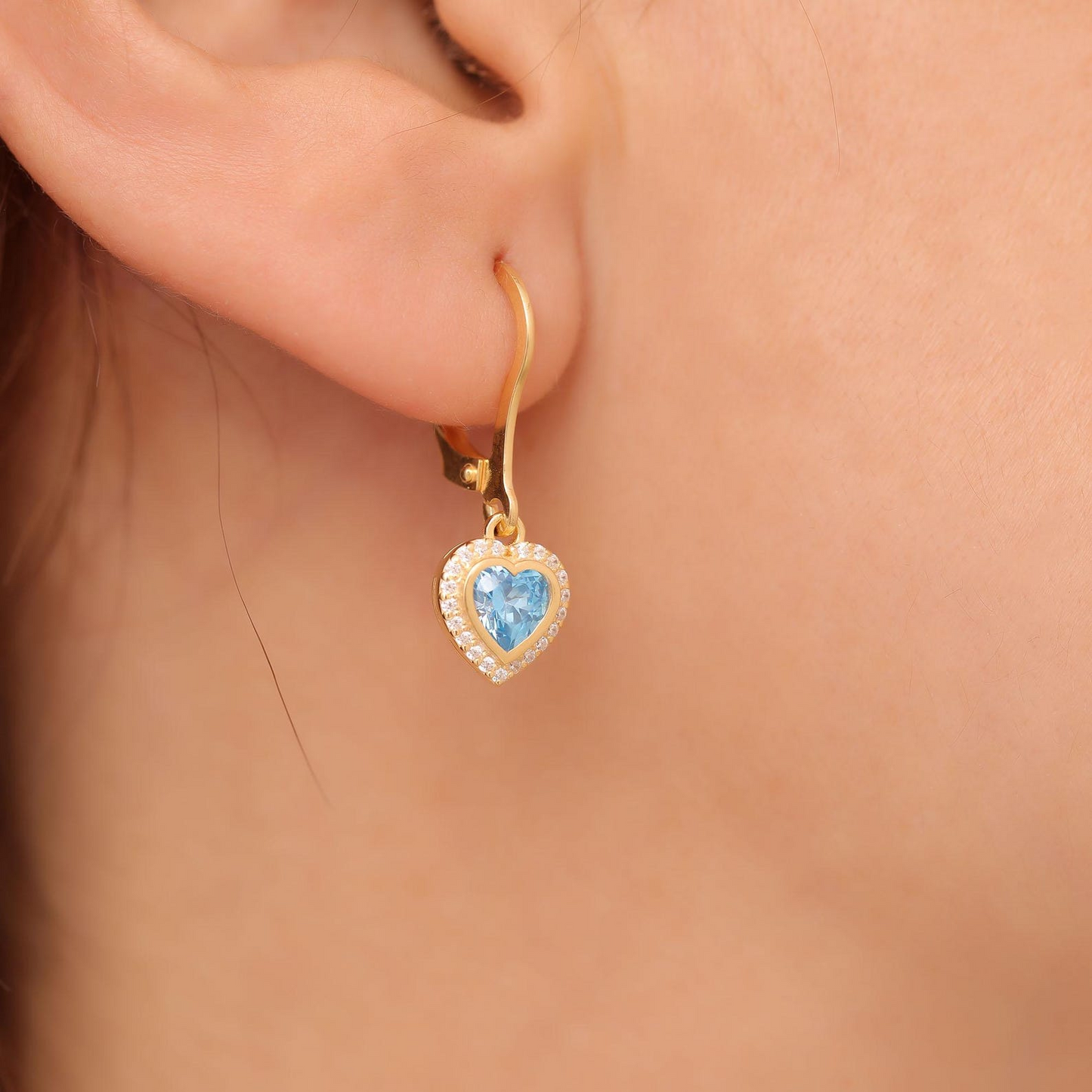 Blue Topaz Bezel Heart Dangle Earrings with Real Diamonds in 8K/10K/14K Solid Gold | December Birthstone Jewelry