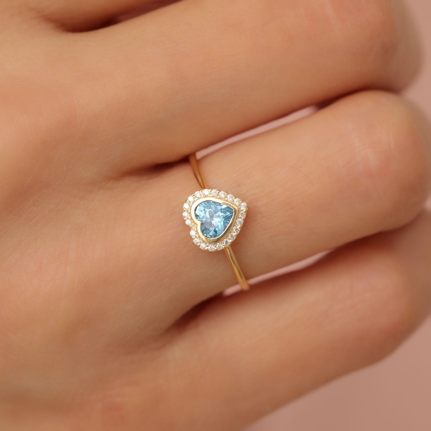 Blue Topaz Bezel Heart Ring with Real Diamonds in 8K/10K/14K Solid Gold | December Birthstone Jewelry