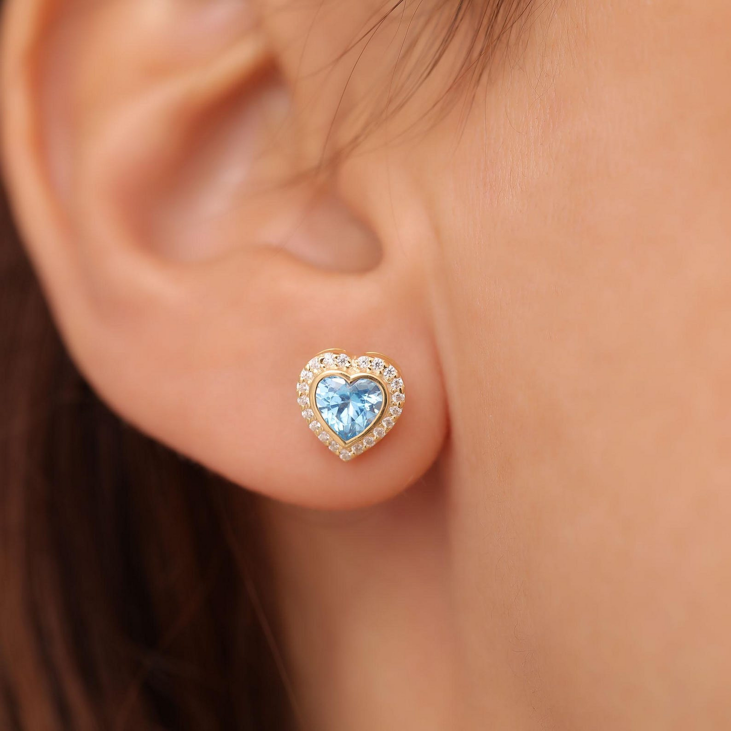 Blue Topaz Bezel Heart Stud Earrings with Real Diamonds in 10K/14K Solid Gold | December Birthstone Jewelry
