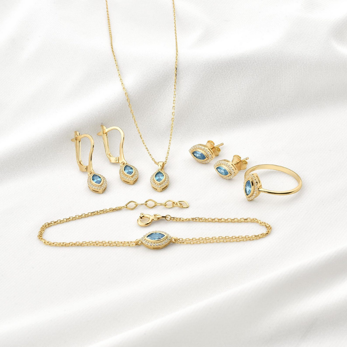 Blue Topaz Bezel Marquise Necklace with Real Diamonds in 8K/10K/14K Solid Gold | December Birthstone Jewelry