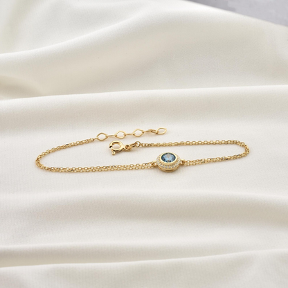 Blue Topaz Round Bezel Bracelet in 8K/10K/14K Solid Gold with Real Diamonds, March Birthstone Jewelry