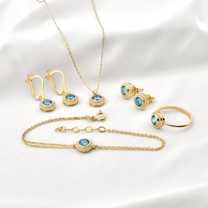 Blue Topaz Round Bezel Necklace in 8K/10K/14K Solid Gold with Real Diamonds, December Birthstone Jewelry