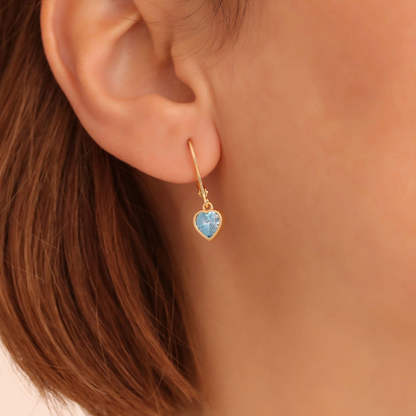 Blue Topaz Heart Cut Bezel Dangle Earrings 14K Solid Gold, December Birthstone Jewelry