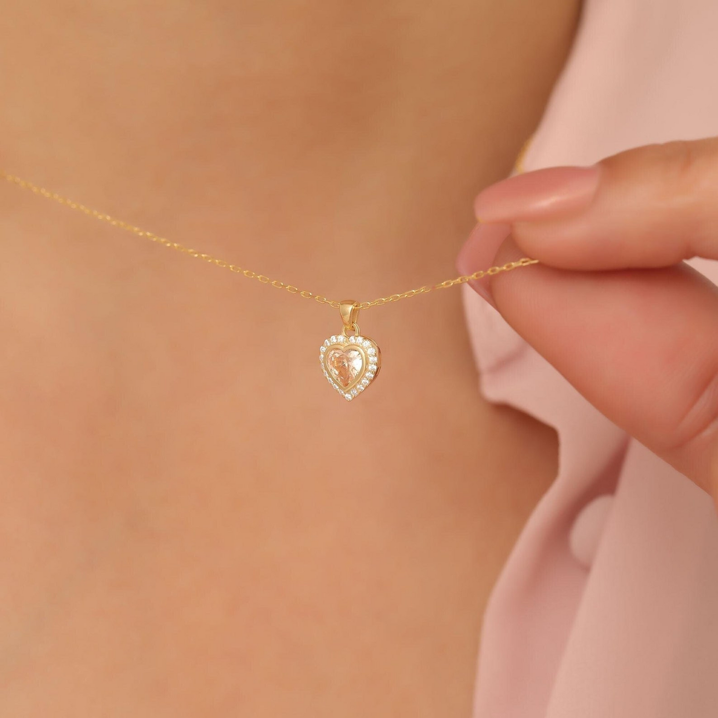 Citrine Bezel Heart Necklace with Real Diamonds in 8K/10K/14K Solid Gold | November Birthstone Jewelry