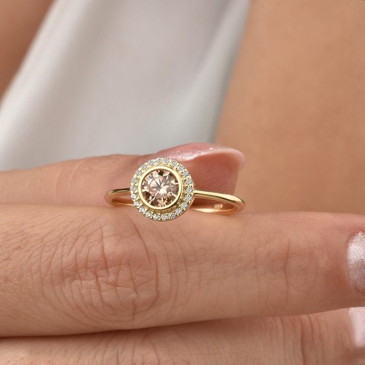 Citrine Round Bezel Ring in 8K/10K/14K Solid Gold with Real Diamonds, November Birthstone Jewelry