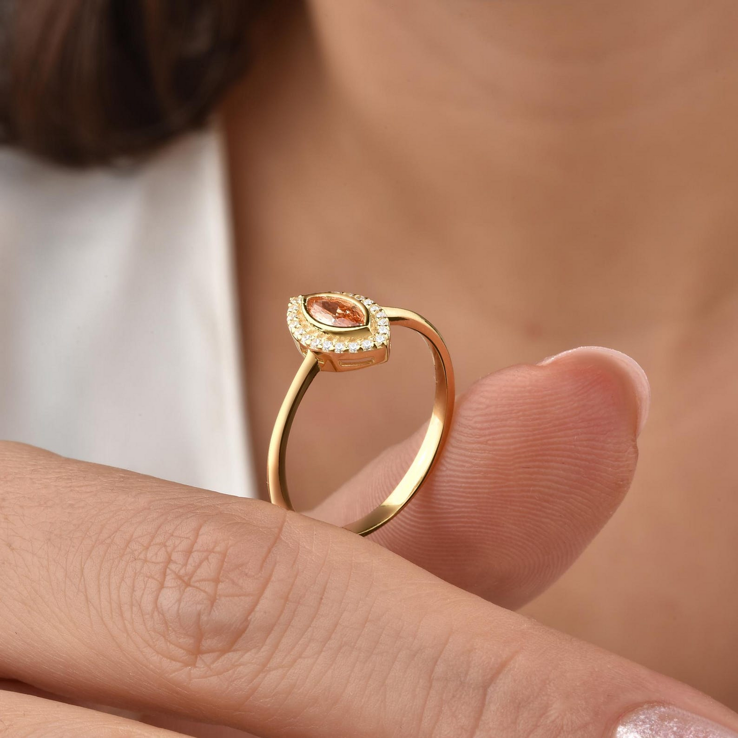 Citrine Bezel Marquise Ring with Real Diamonds in 8K/10K/14K Solid Gold | November Birthstone Jewelry