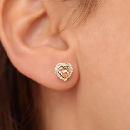 Citrine Bezel Heart Stud Earrings with Real Diamonds in 10K/14K Solid Gold | November Birthstone Jewelry