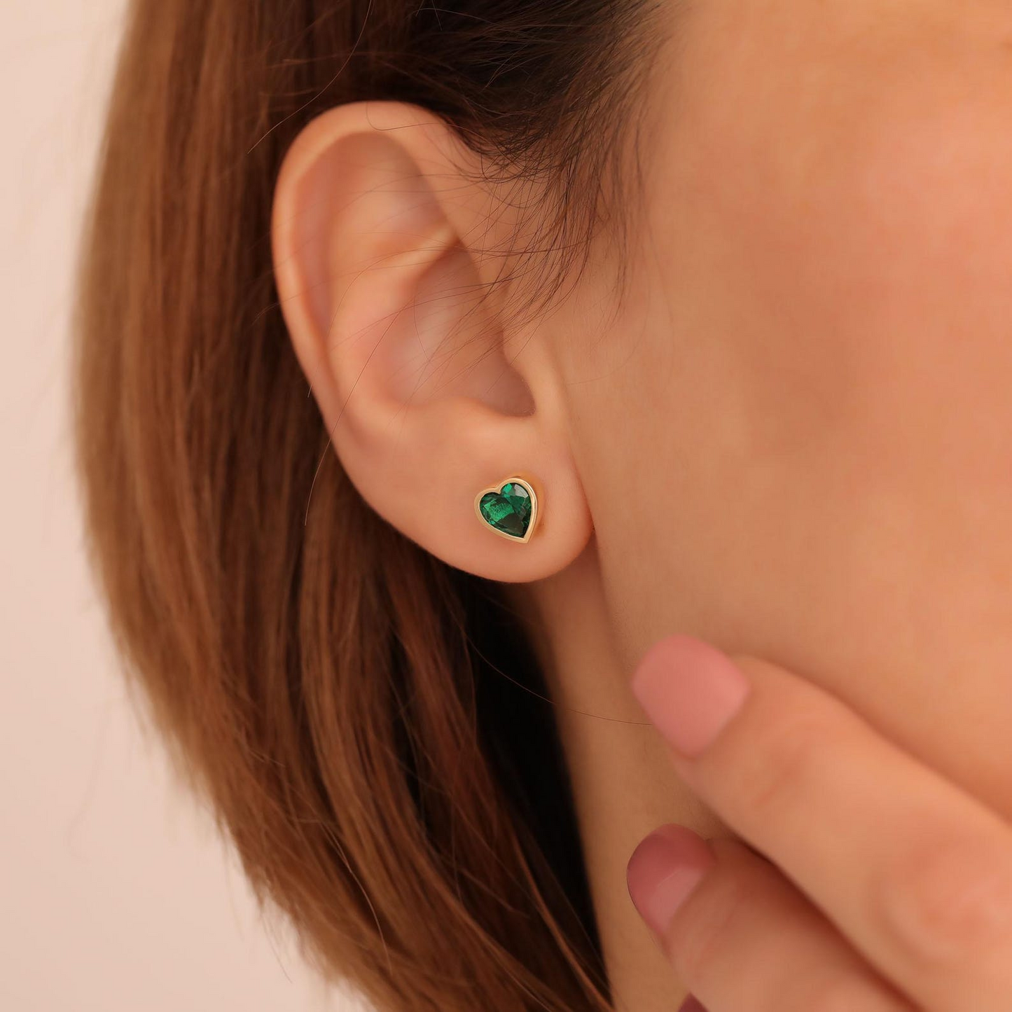 Emerald Heart Bezel Cut Stud Earrings 10K/14K Solid Gold, May Birthstone Jewelry