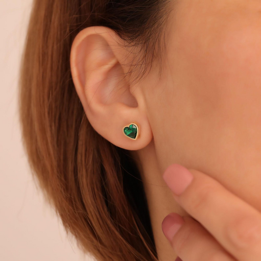 Emerald Heart Bezel Cut Stud Earrings 10K/14K Solid Gold, May Birthstone Jewelry