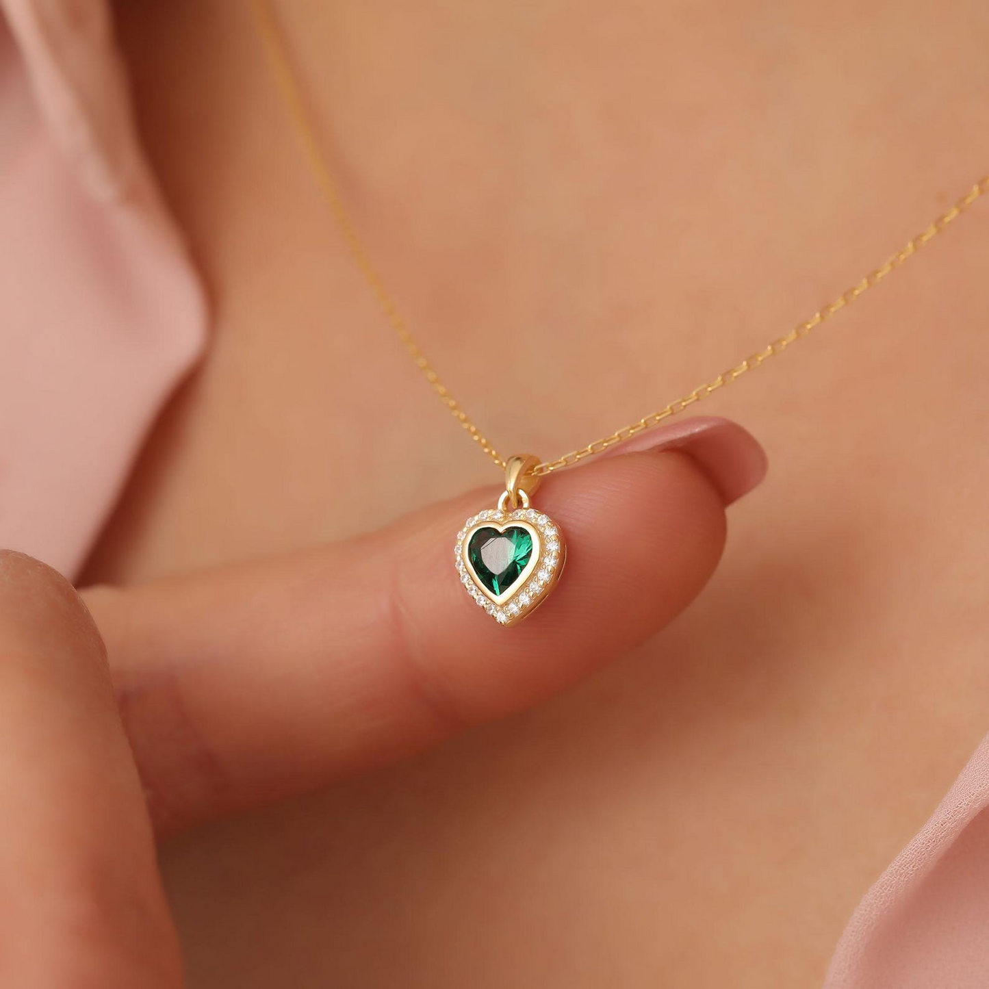 Emerald Bezel Heart Necklace with Real Diamonds in 8K/10K/14K Solid Gold | May Birthstone Jewelry