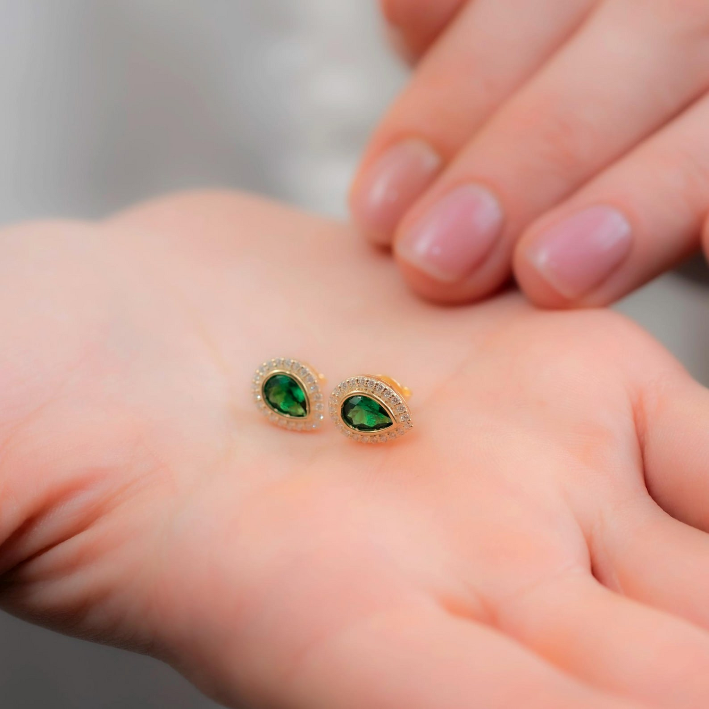 Emerald Bezel Drop Stud Earrings with Real Diamonds in 8K/10K/14K Solid Gold | May Birthstone Jewelry
