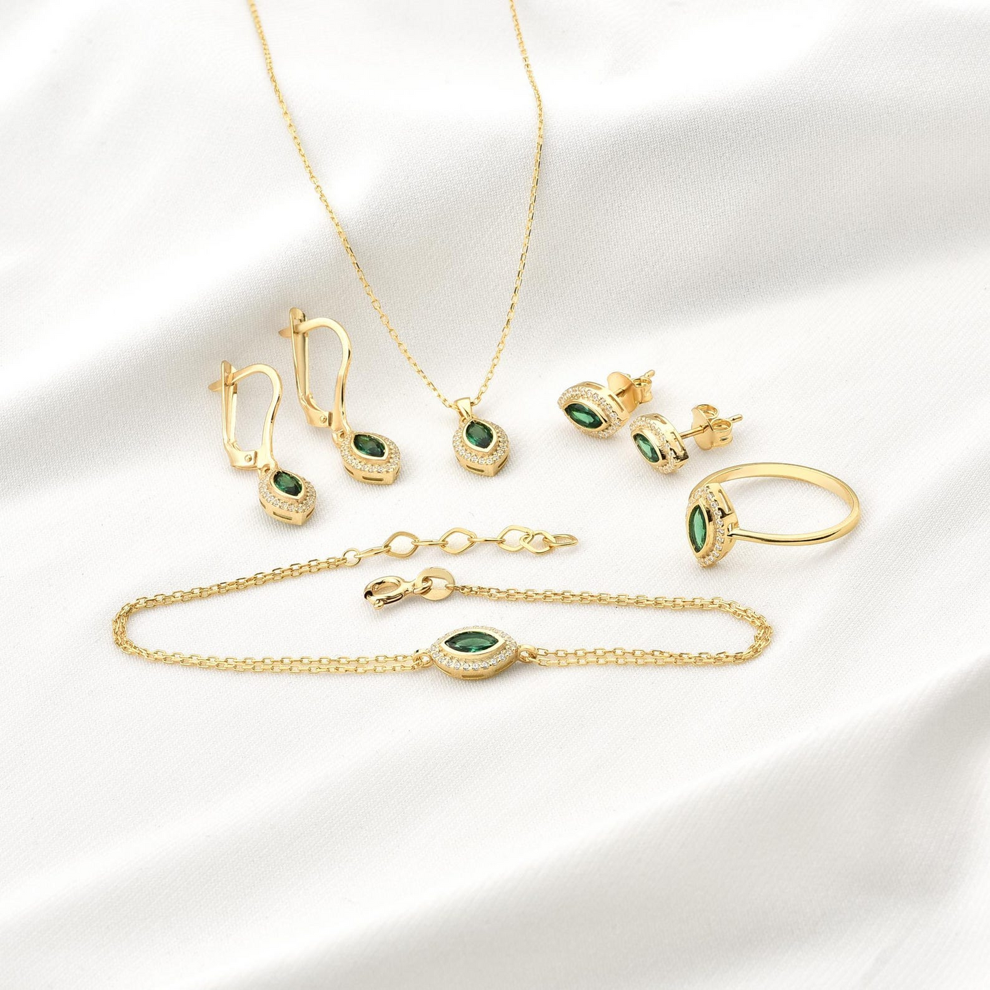 Emerald Bezel Marquise Dangle Earrings with Real Diamonds in 8K/10K/14K Solid Gold | May Birthstone Jewelry
