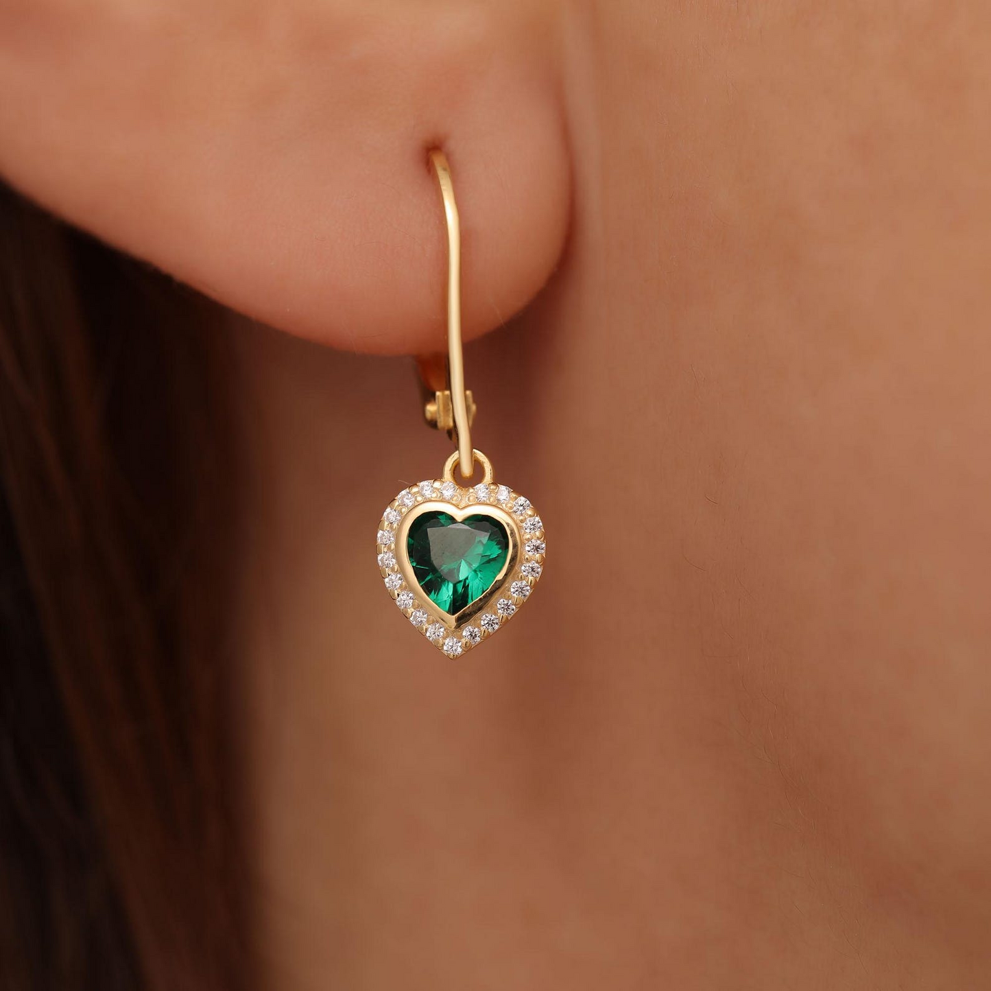 Emerald Bezel Heart Dangle Earrings with Real Diamonds in 8K/10K/14K Solid Gold | May Birthstone Jewelry