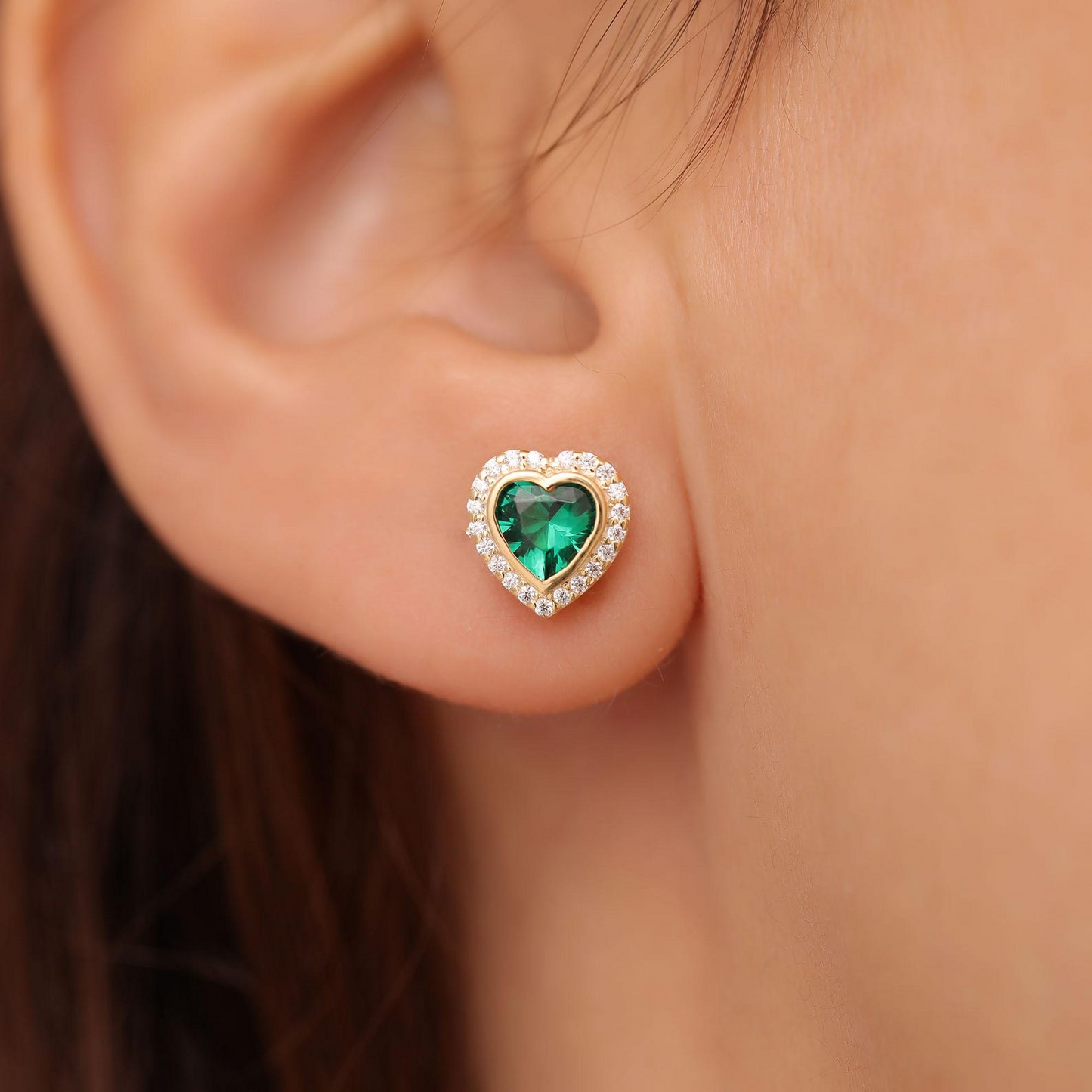 Emerald Bezel Heart Stud Earrings with Real Diamonds in 10K/14K Solid Gold | May Birthstone Jewelry
