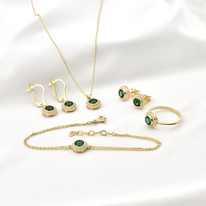 Emerald Round Bezel Ring in 8K/10K/14K Solid Gold with Real Diamonds, May Birthstone Jewelry