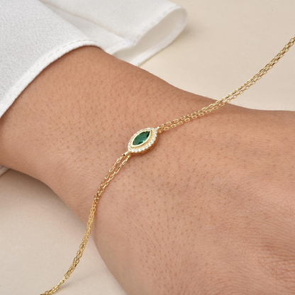 Emerald Bezel Marquise Bracelet with Real Diamonds in 8K/10K/14K Solid Gold | May Birthstone Jewelry