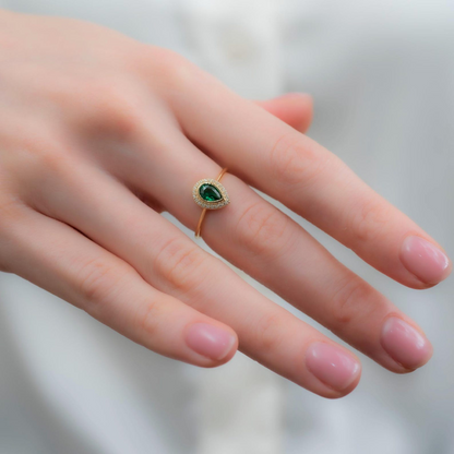 Emerald Bezel Drop Ring with Real Diamonds in 8K/10K/14K Solid Gold | May Birthstone Jewelry