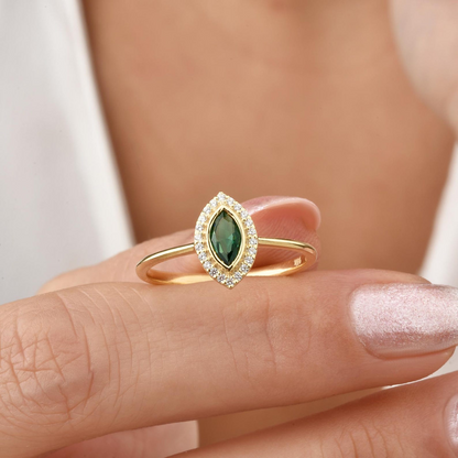 Emerald Bezel Marquise Ring with Real Diamonds in 8K/10K/14K Solid Gold | May Birthstone Jewelry
