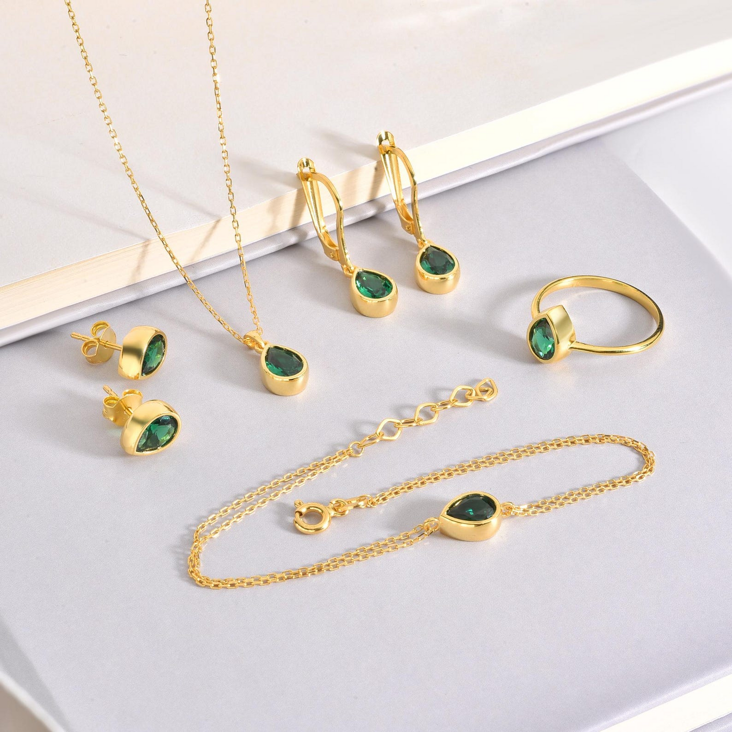 Emerald Drop Bezel Stud Earrings in 10K/14K Solid Gold, May Birthstone Jewelry