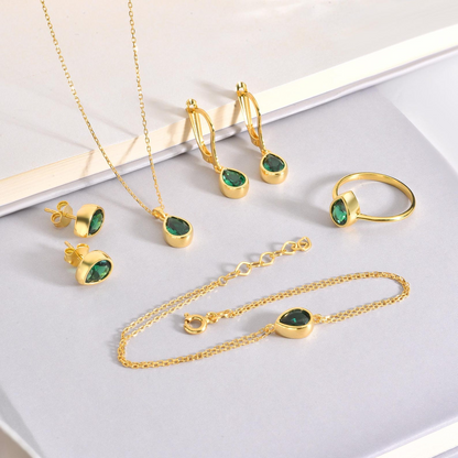 Emerald Drop Bezel Stud Earrings in 10K/14K Solid Gold, May Birthstone Jewelry