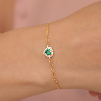 Emerald Bezel Heart Bracelet with Real Diamonds in 8K/10K/14K Solid Gold | May Birthstone Jewelry