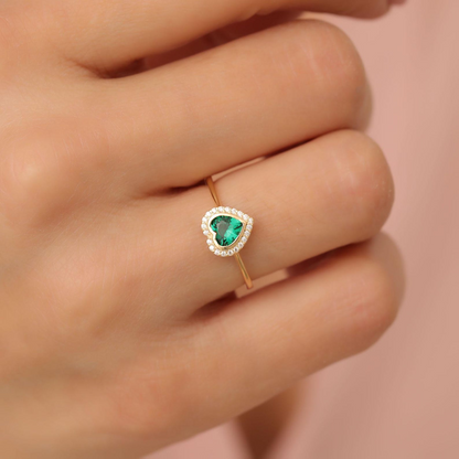 Emerald Bezel Heart Ring with Real Diamonds in 8K/10K/14K Solid Gold | May Birthstone Jewelry
